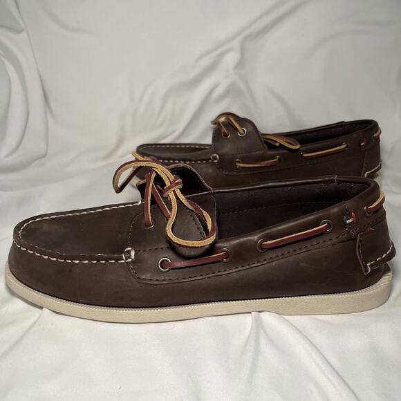 Tommy Hilfiger Leather Lace Up Boat Shoes Brown TBBOWMAN Barely Worn Mens Size 9 - Picture 1 of 15